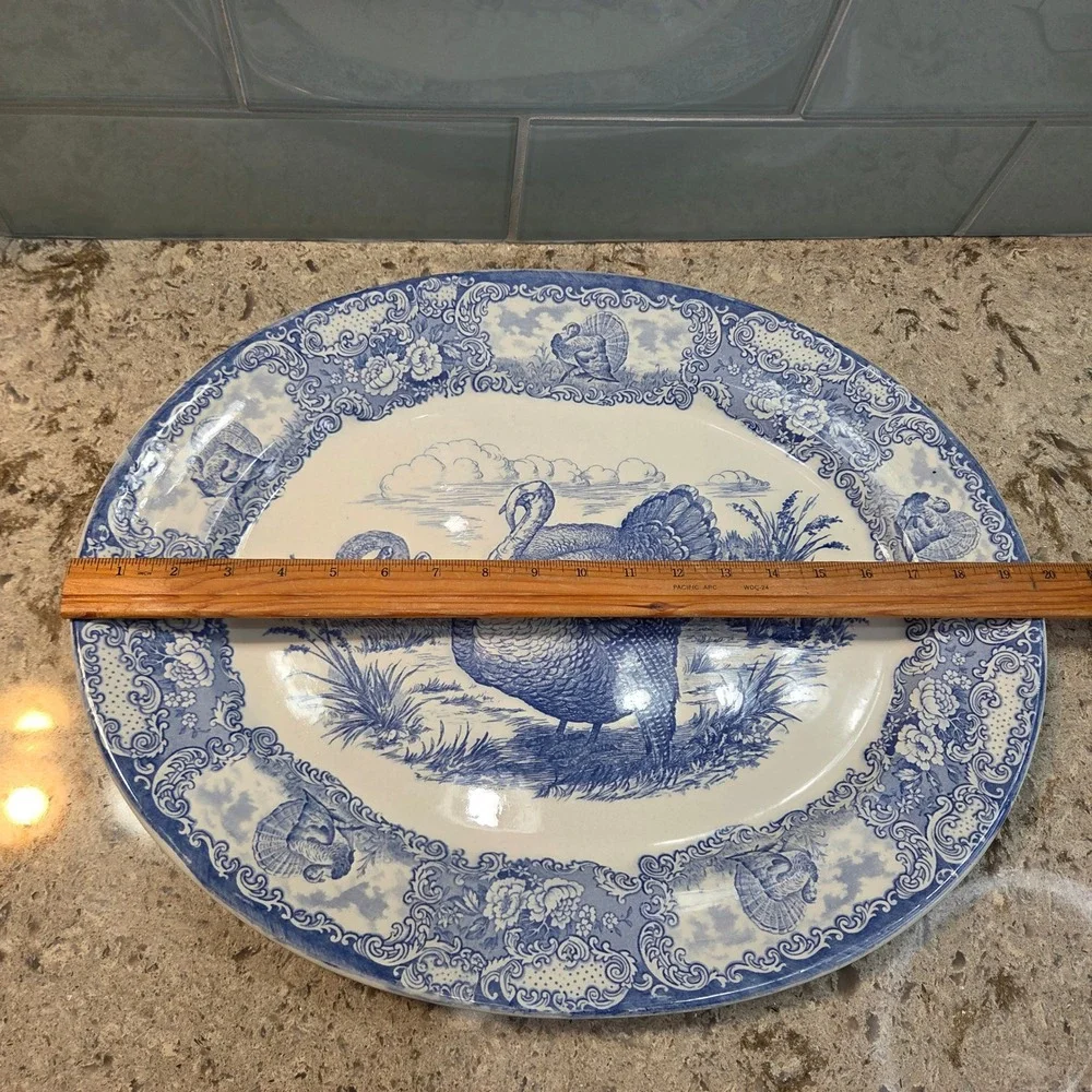 Vintage Blue White Turkey Transferware Oval Serving Platter Thanksgiving Harvest